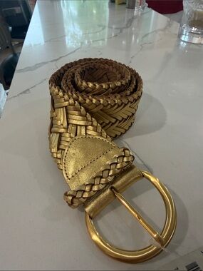Lillie Rubin Metallic Gold Braided Leather Belt with Round Buckle